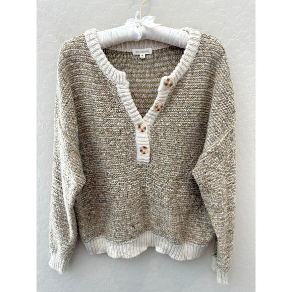 BLU PEPPER | Henley Knit Sweater Beige White Marled Button Front | Medium - Picture 1 of 6
